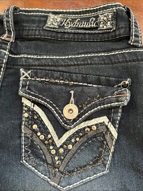 HYDRAULIC Lola Denim Capri Jeans Y2K Embellished Dark Wash/White Stitch Size 7/8